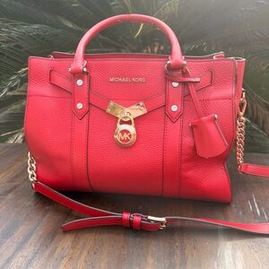 MICHAEL KORS Nouveau Hamilton Pebbled Red Leather Satchel Lock and Key